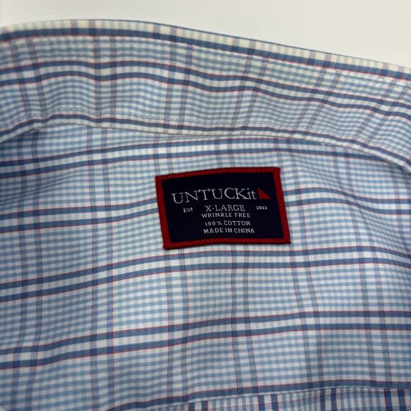 Untuckit Mens XL Blue Red Check Plaid "Piocesare" Long Sleeve Button Up Shirt - Picture 2 of 4